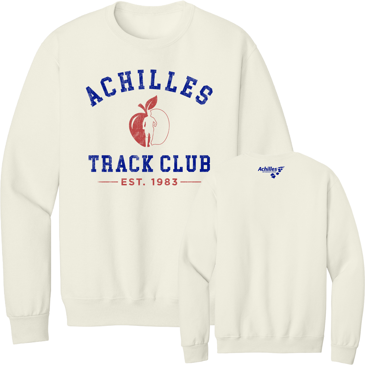 A cream crewneck sweatshirt shown from both front and back. The front features a blue graphic reading 'ACHILLES TRACK CLUB' with a red apple logo with a running silhouette in the center and 'EST. 1983' below 'track club'.