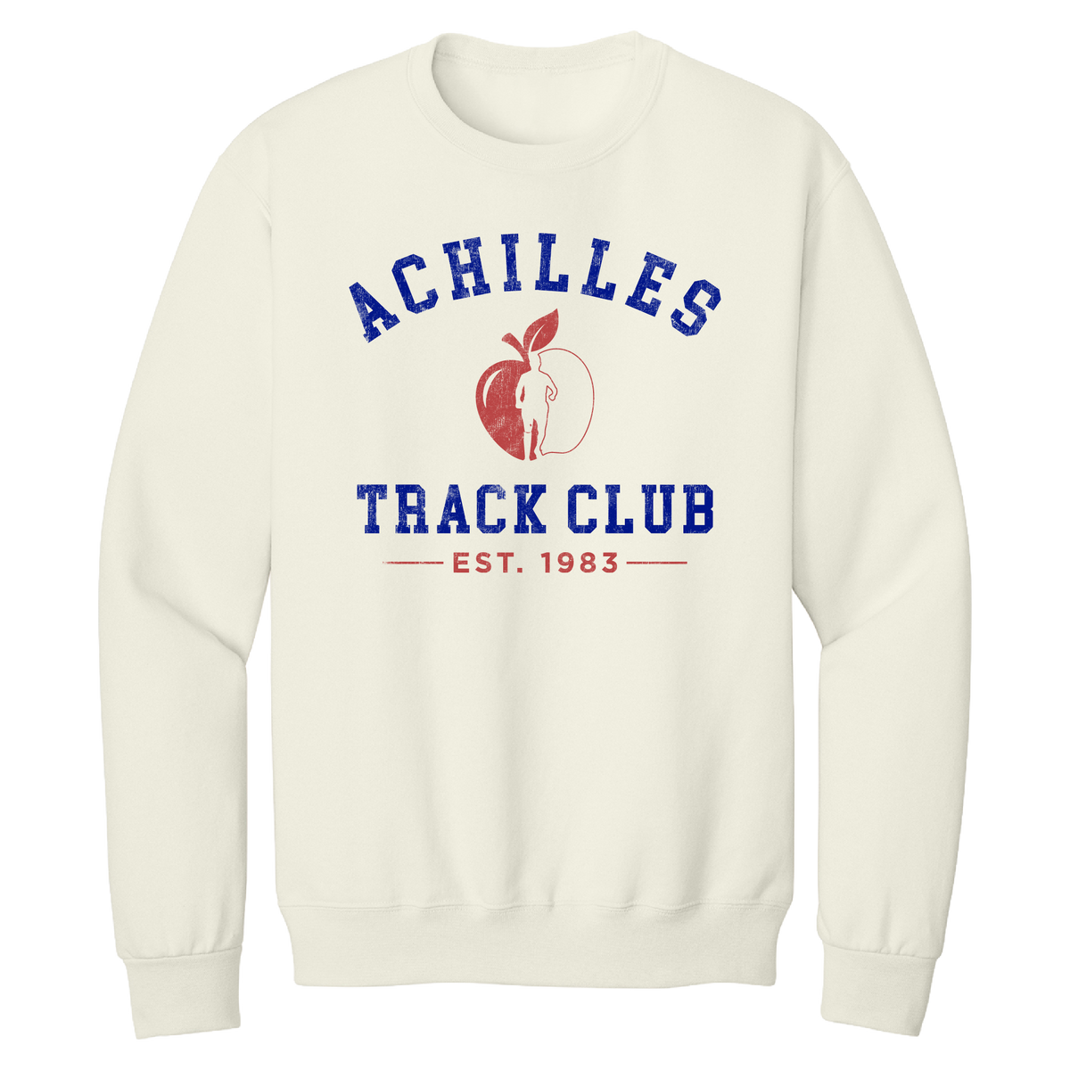 An cream crewneck sweatshirt featuring a graphic on the front with the text 'ACHILLES TRACK CLUB' and 'EST. 1983' in blue, alongside a red apple graphic containing a running silhouette.