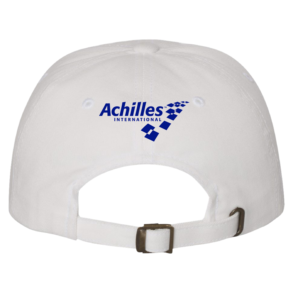 Cream baseball cap shown from the back, featuring a blue 'Achilles International' logo printed on the center. The cap has an adjustable strap with a metal buckle.