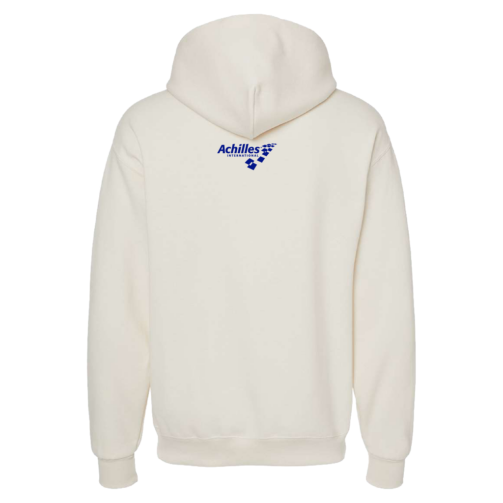 The back of a cream hooded sweatshirt featuring a small blue 'Achilles International' graphic on the upper back.