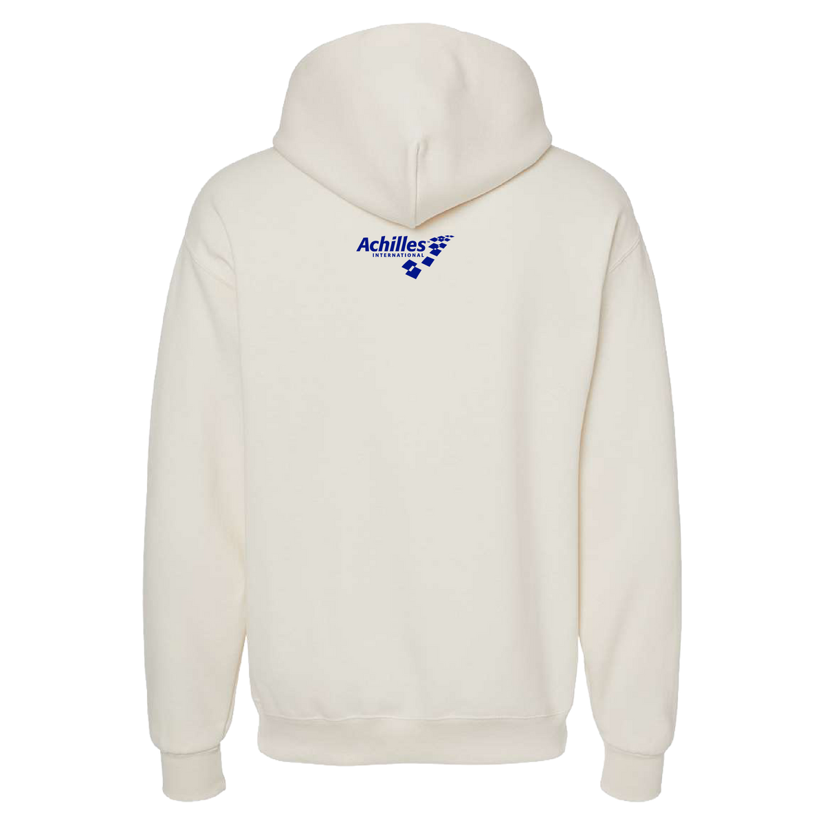 The back of a cream hooded sweatshirt featuring a small blue 'Achilles International' graphic on the upper back.