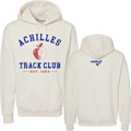 A cream pullover hoodie shown from both front and back. The front features a graphic with the text 'ACHILLES TRACK CLUB' in blue and a red apple logo in the center with a running silhouette, with 'EST.1983 below.' The back features a small blue 'Achilles International' logo in the upper center neck.