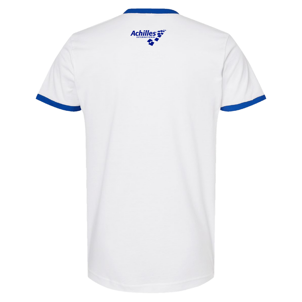 White short-sleeve ringer t-shirt with blue collar and sleeve trim, featuring a blue 'Achilles International' logo printed on the upper back.