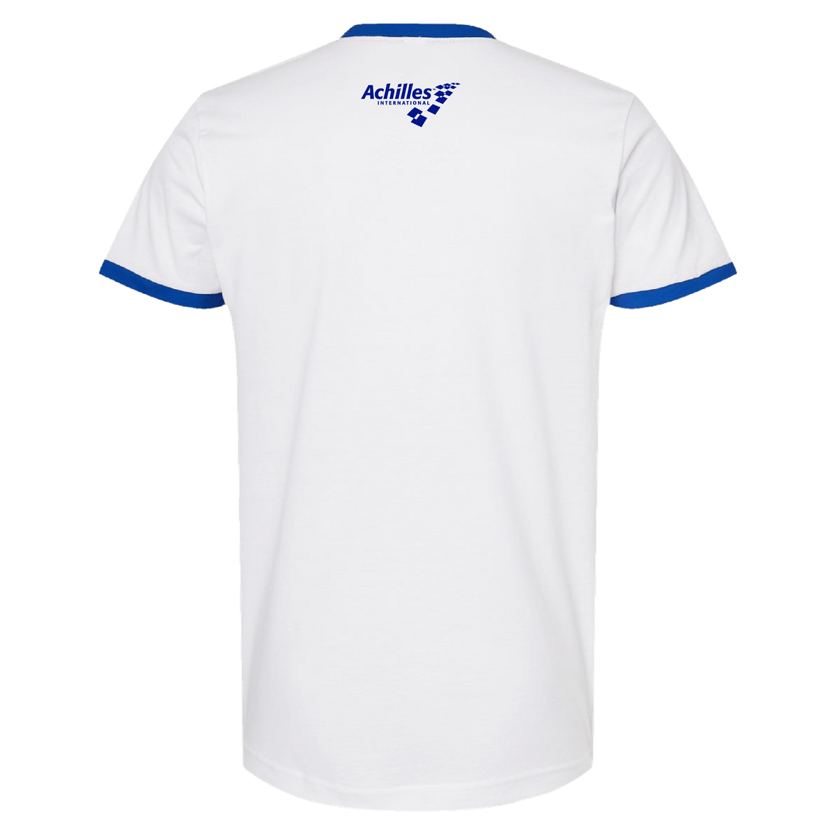 White short-sleeve ringer t-shirt with blue collar and sleeve trim, featuring a blue 'Achilles International' logo printed on the upper back.