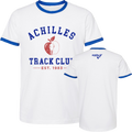 White ringer t-shirt with blue collar and sleeve trim, featuring a red and blue graphic on the front that reads 'ACHILLES TRACK CLUB EST. 1983' with an apple and persons silhouette, and a small Achilles International logo on the back neck.