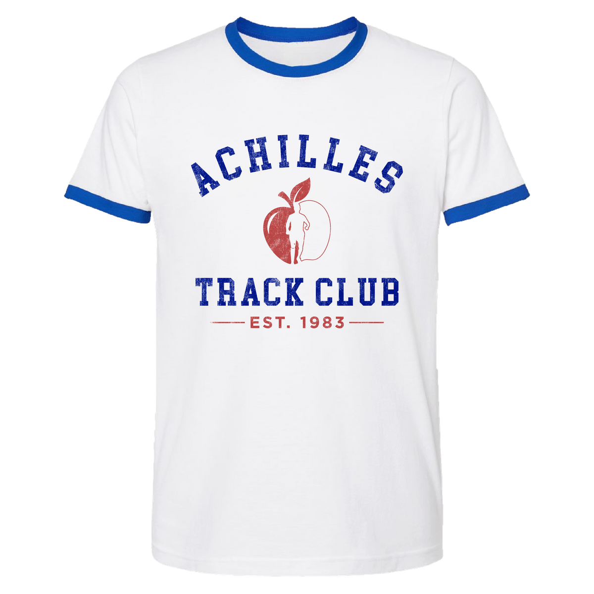A white ringer t-shirt with blue trim on the collar and sleeve cuffs, featuring a red and blue graphic on the front that reads 'ACHILLES TRACK CLUB EST. 1983' with an apple logo with a persons silhouette.