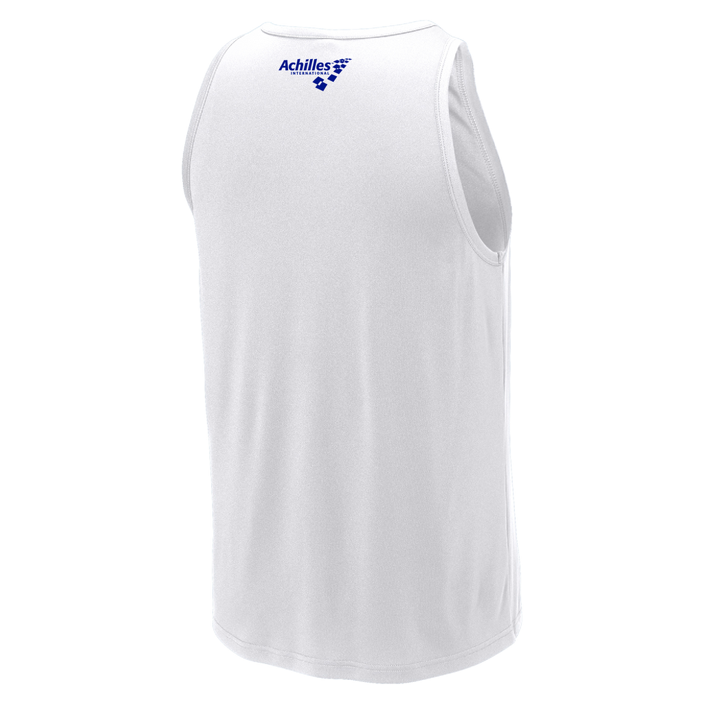 White athletic tank top shown from the back, featuring a blue 'Achilles International' logo printed on the upper back.