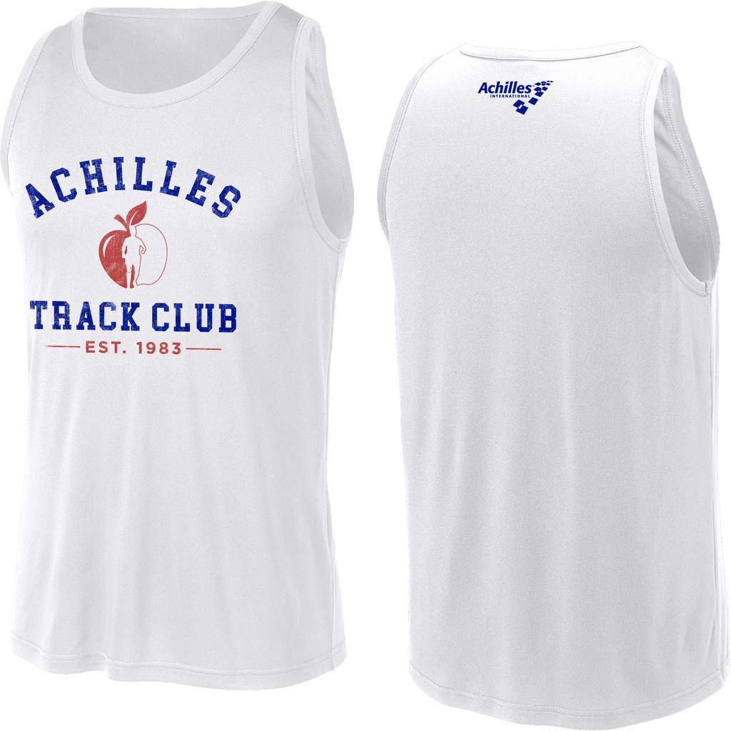 White athletic tank top shown from the front and back, featuring blue 'ACHILLES TRACK CLUB' text, a red apple graphic with a persons silhouette, and 'EST. 1983' on the front, with a small blue Achilles logo on the upper back.