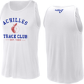 White athletic tank top shown from the front and back, featuring blue 'ACHILLES TRACK CLUB' text, a red apple graphic with a persons silhouette, and 'EST. 1983' on the front, with a small blue Achilles logo on the upper back.