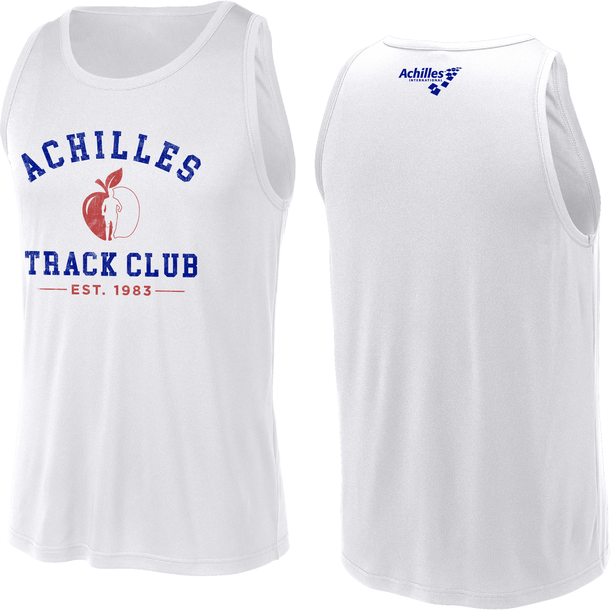White athletic tank top shown from the front and back, featuring blue 'ACHILLES TRACK CLUB' text, a red apple graphic with a persons silhouette, and 'EST. 1983' on the front, with a small blue Achilles logo on the upper back.