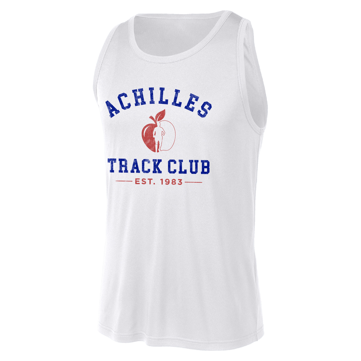 A white sleeveless tank top with a blue and red graphic on the front that reads 'ACHILLES TRACK CLUB EST. 1983' with an apple illustration with a persons silhouette.