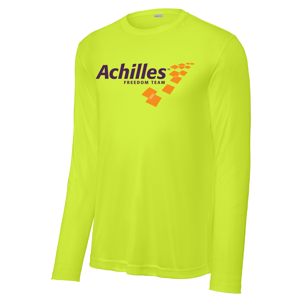 Safety Yellow long-sleeve shirt with Achilles Freedom Team logo